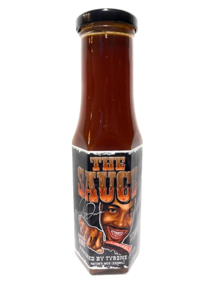 The Sauce Powered By Tyrone Jones sauce bottle with no background