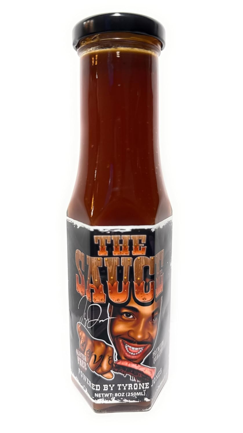 The Sauce Powered by Tyrone Jones a sweet and tangy BBQ sauce that can go on anything sauce bottle with white background narrow